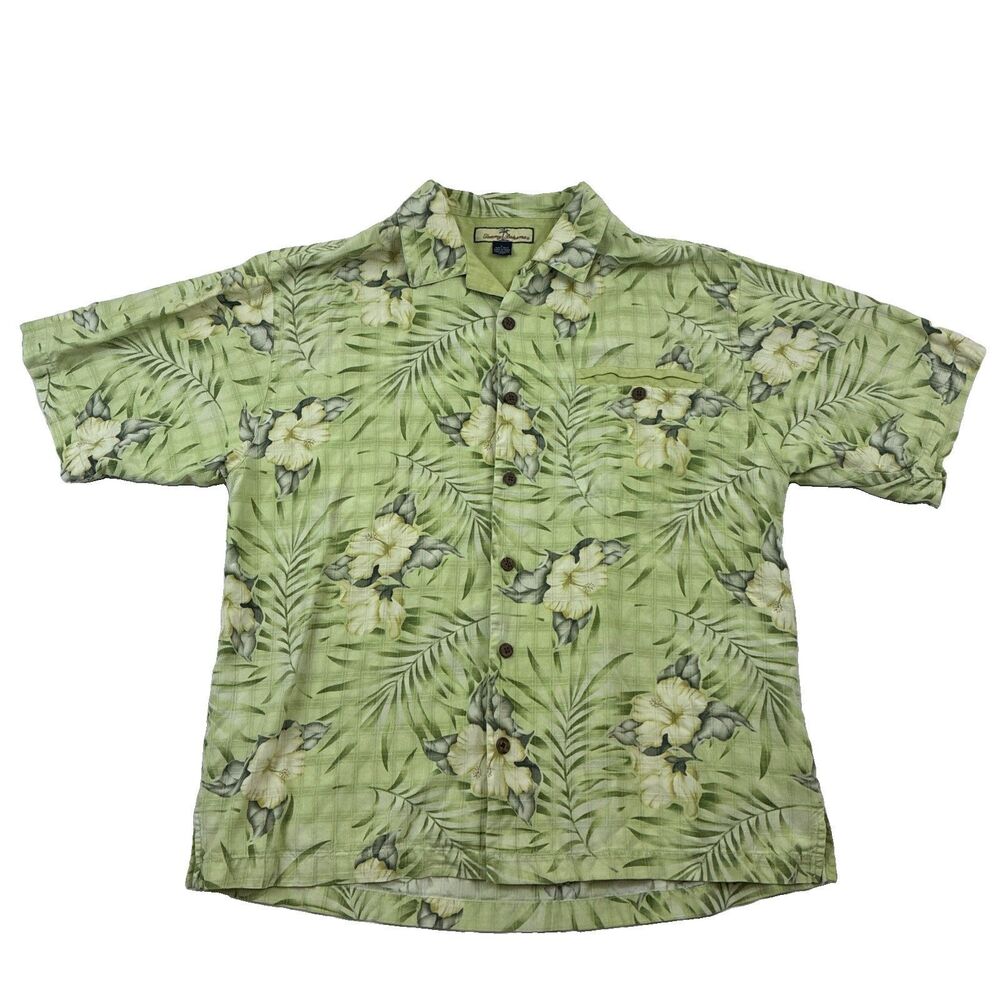Tommy Bahama Shirt Mens L Green Yellow Silk Floral Hawaiian Button Up Camp